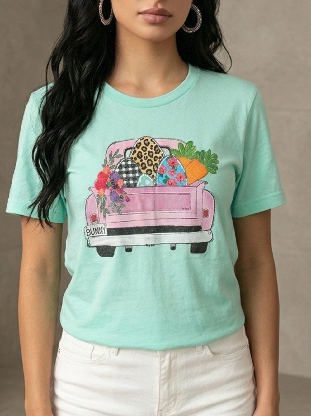 Women's Mint Graphic Tee with Pastel Truck Print